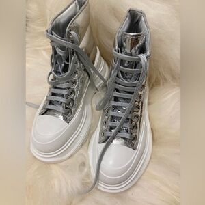 Alexander McQueen Women's High-Top Puffer Tread Slick Metallic Leather Sneakers